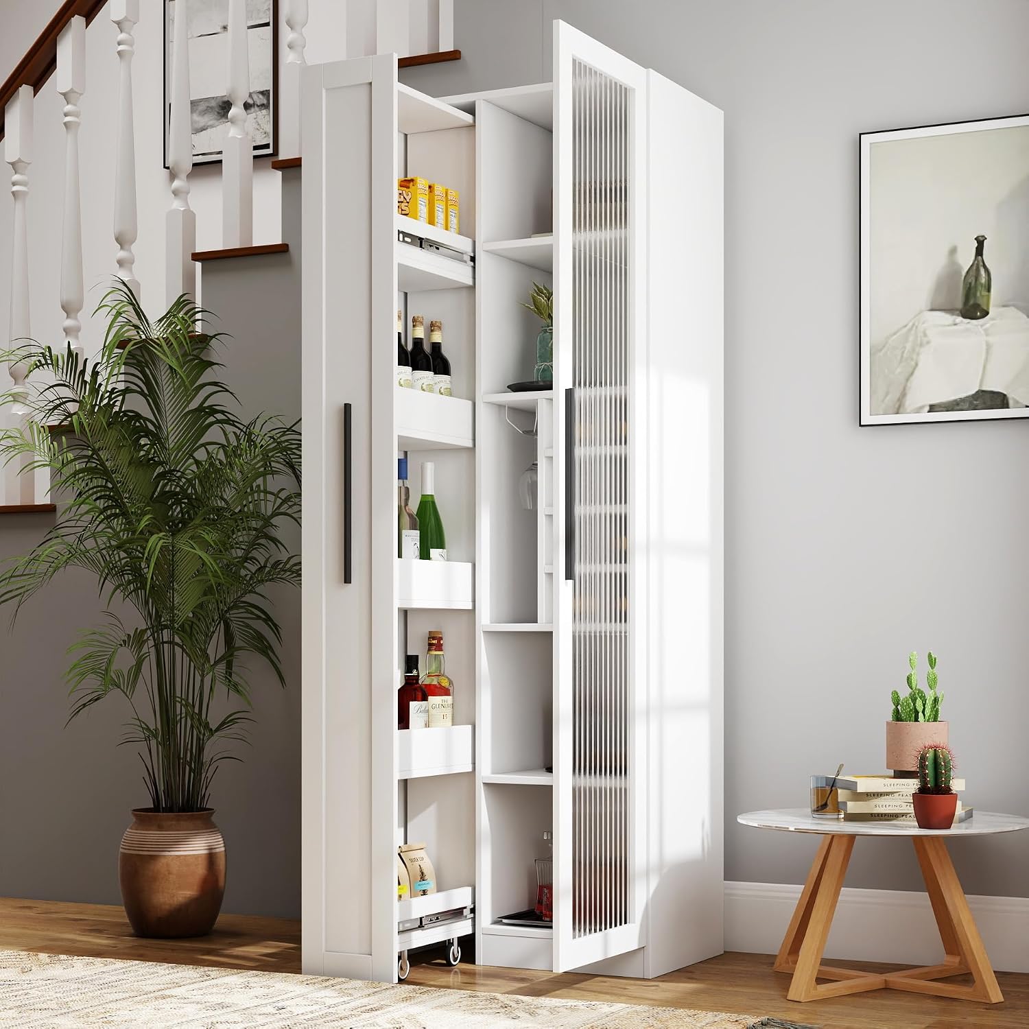 Food Storage Without Pantry - ตู้เก็บของในครัวสีขาวขนาด 71 นิ้ว สไตล์ฟาร์มเฮาส์ พร้อมชั้นวางแบบดึงออกได้ 5