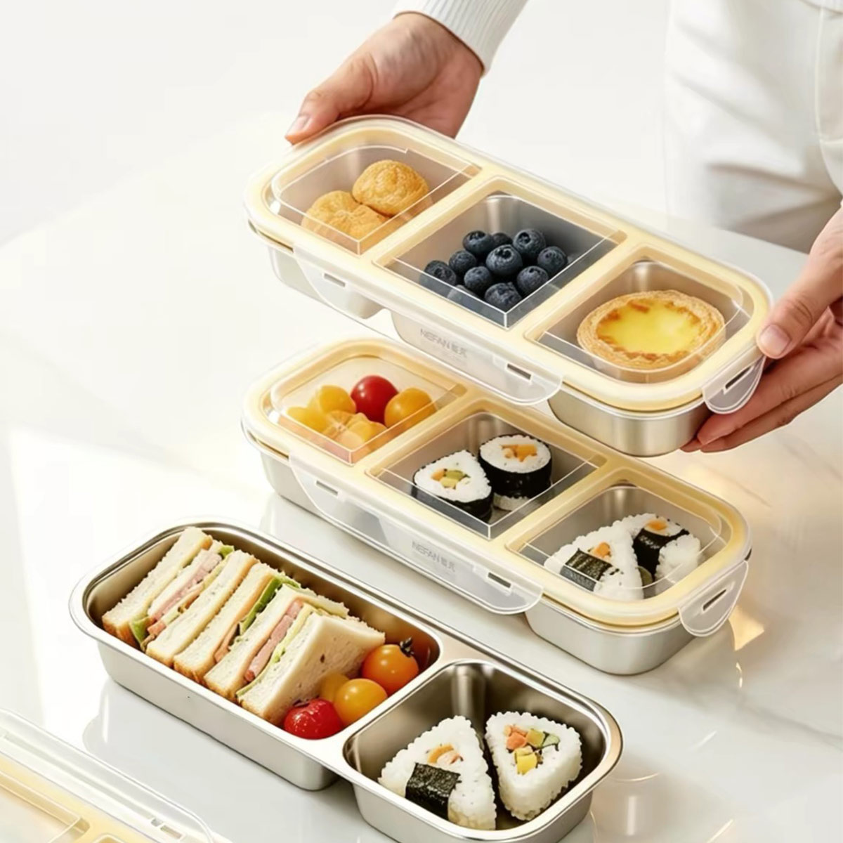 Food Storage Bins - ภาชนะเก็บอาหารสแตนเลสพร้อมฝาปิด, กล่องอาหารกลางวันแบบปิดสนิทเกรดอาหาร, ภาชนะใส่อาหารแบบสามช่อง