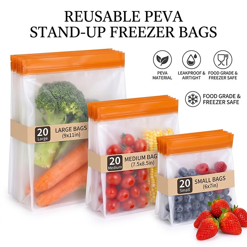 Food Storage Silicone Bags - 20 ชิ้น/ชุด ถุงซิลิโคนเก็บอาหารแบบใช้ซ้ำได้ ถุงเก็บอาหารแบบตั้งได้สำหรับแช่แข็ง ถุง PEVA