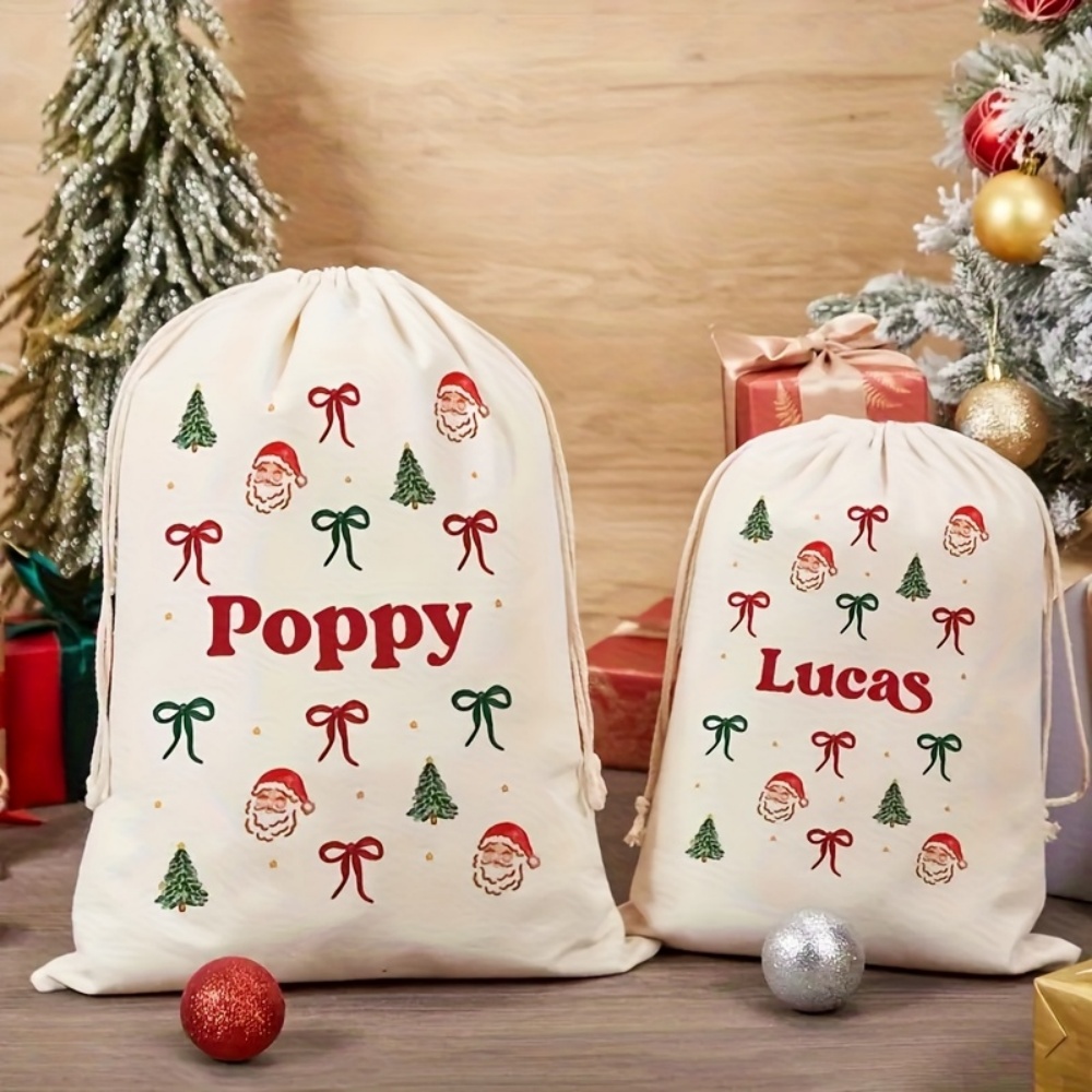 Food Storage Of Plants - ถุงผ้ารูดลายซานต้าและโบว์คริสต์มาสแบบเรียบง่ายสั่งทำได้, ถุงของขวัญวันหยุดลายผ้าลินินพร้อมชื่อสั่งทำ, ถุงเก็บของขวัญคริสต์มาส