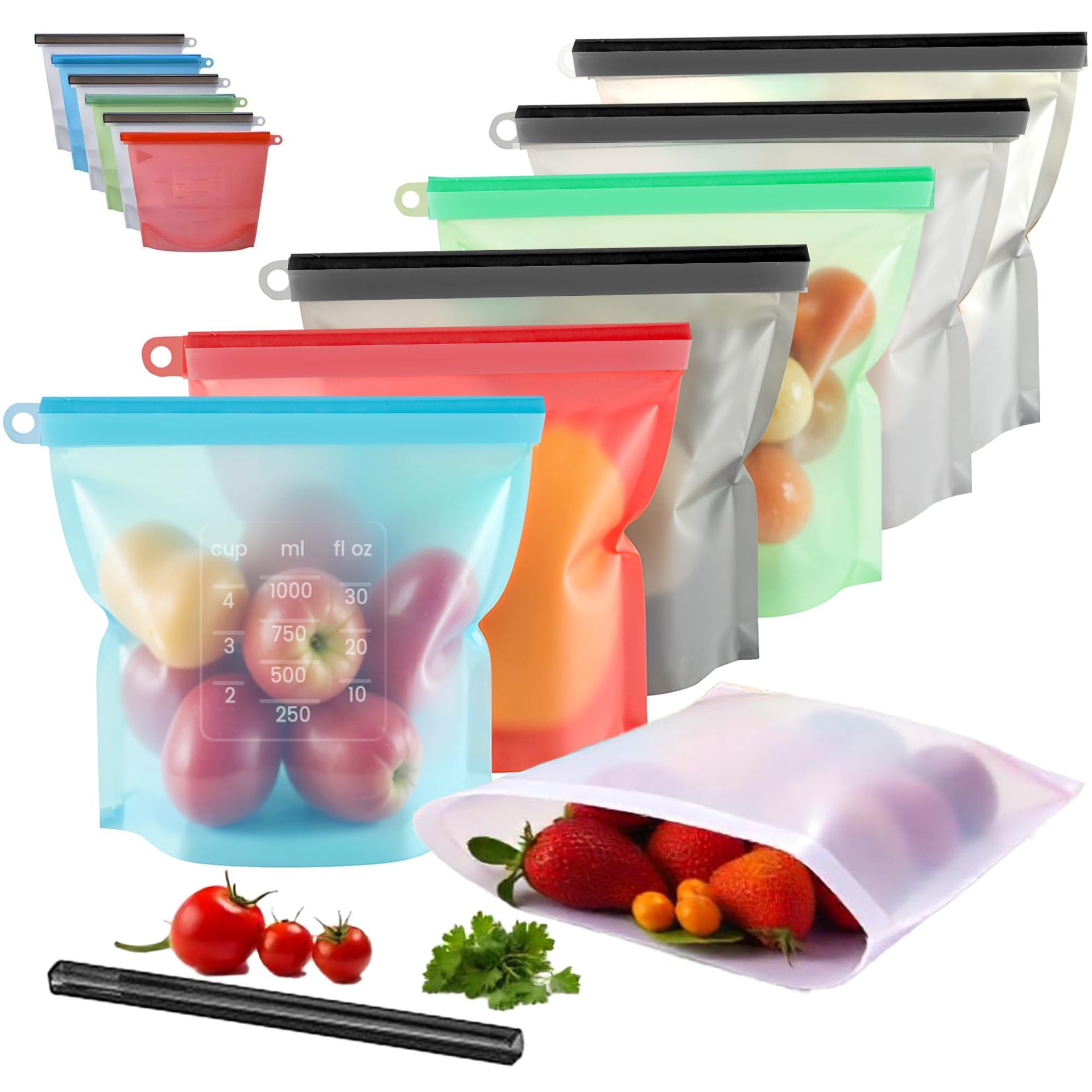 Food Storage Silicone Bags - 5 ชิ้นซิลิโคนภาชนะเก็บอาหารภาชนะรั่วซึมนํามาใช้ใหม่ยืนขึ้นซิปปิดถุงสดถุงถุงเก็บอาหารสด