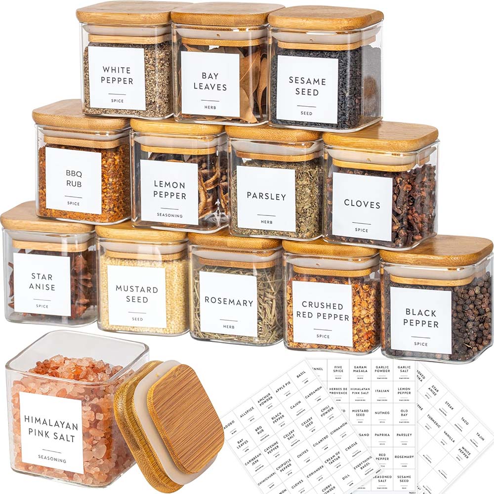 Food Storage Jar Labels - ชุดขวดโหลแก้วขนาด5ออนซ์พร้อมป้ายเครื่องเทศขวดเครื่องเทศทรงเหลี่ยมพร้อมฝาไม้ไผ่/ฉลากสติกเกอร์ภาชนะบรรจุอาหารกล่องเก็บสินค้า