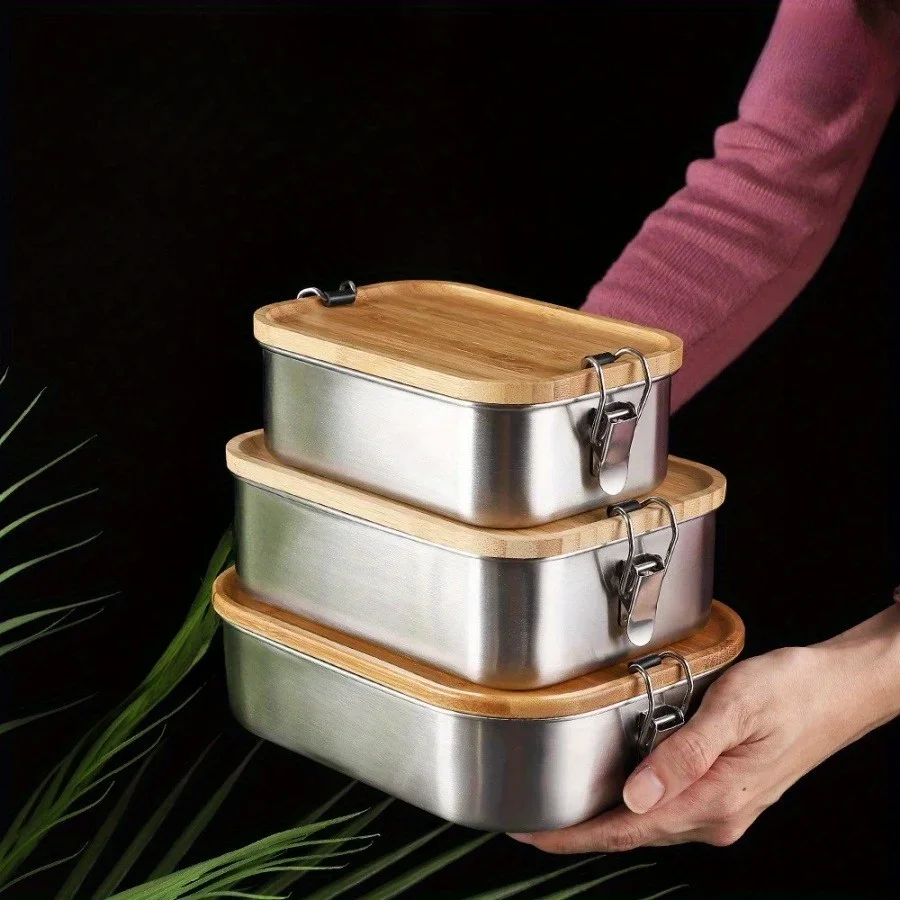 Food Storage Bins - กล่องอาหารกลางวันสแตนเลส 304 ใหม่ พร้อมฝาไม้ไผ่, กล่องถนอมอาหารสไตล์ญี่ปุ่น, กล่องอาหารกลางวัน,