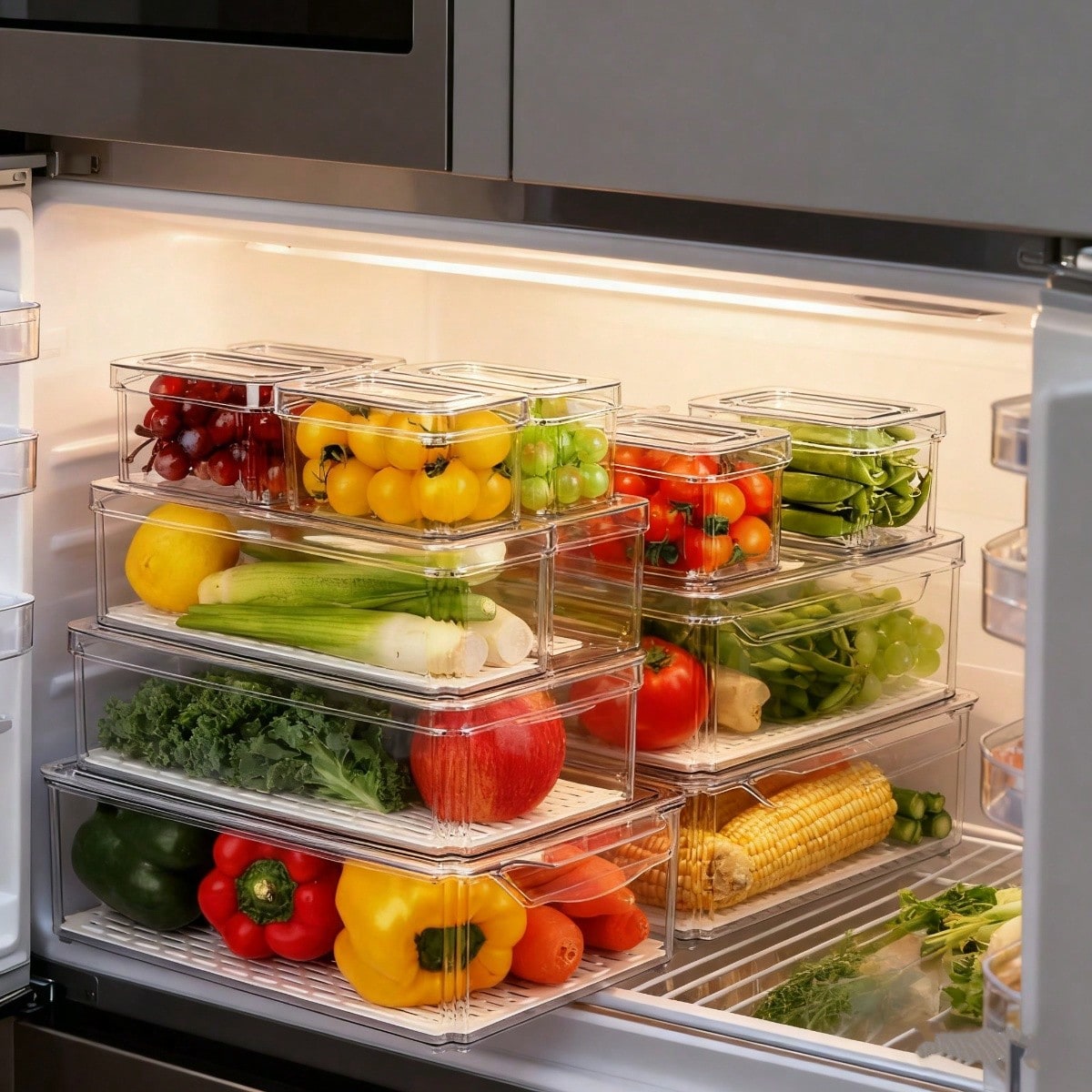 Stackable Pantry Bin - ชุดกล่องจัดระเบียบตู้เย็นแบบซ้อนกันได้ 7 ชิ้น วัสดุพลาสติกใสทันสมัย พร้อมฝาปิดและถาดระบายน้ำแบบถอดได้ สำหรับเก็บผลไม้