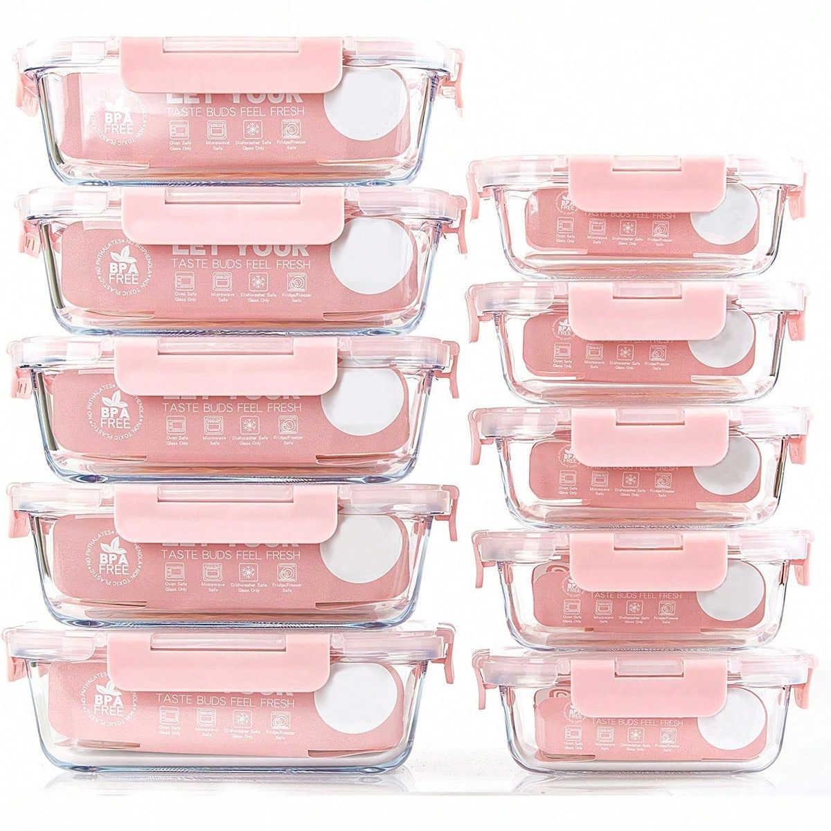 Food Storage Bins - ชุดกล่องแก้วสำหรับเตรียมอาหาร 10 ชิ้น, กล่องเก็บอาหารพร้อมฝาปิดที่ปิดสนิท, กล่องอาหารกลางวันแก้ว, ใช้ได้กับไมโครเวฟ,