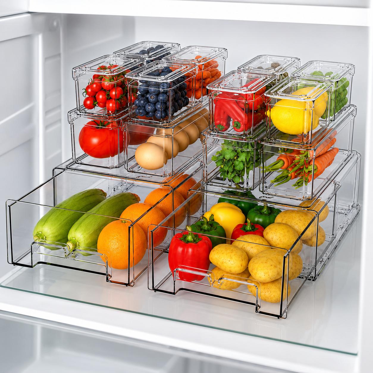 Food Storage Without Pantry - กล่องจัดระเบียบตู้เย็นแบบซ้อนกันได้พร้อมฝาปิด ลิ้นชักตู้เย็นแบบดึงออกได้ โปร่งใส ปราศจากสาร BPA สำหรับจัดเก็บอาหารในครัว