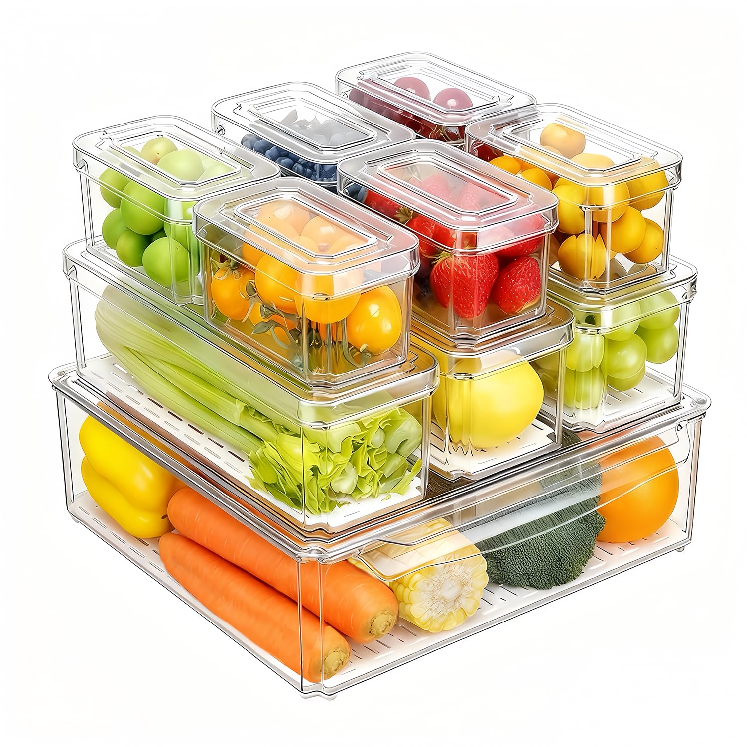 Food Storage Bins - ชุดกล่องจัดระเบียบตู้เย็น 14 ชิ้น, กล่องจัดระเบียบตู้เย็นแบบซ้อนกันได้พร้อมฝาปิด, กล่องจัดระเบียบและภาชนะเก็บของสำหรับผลไม้, ผัก,