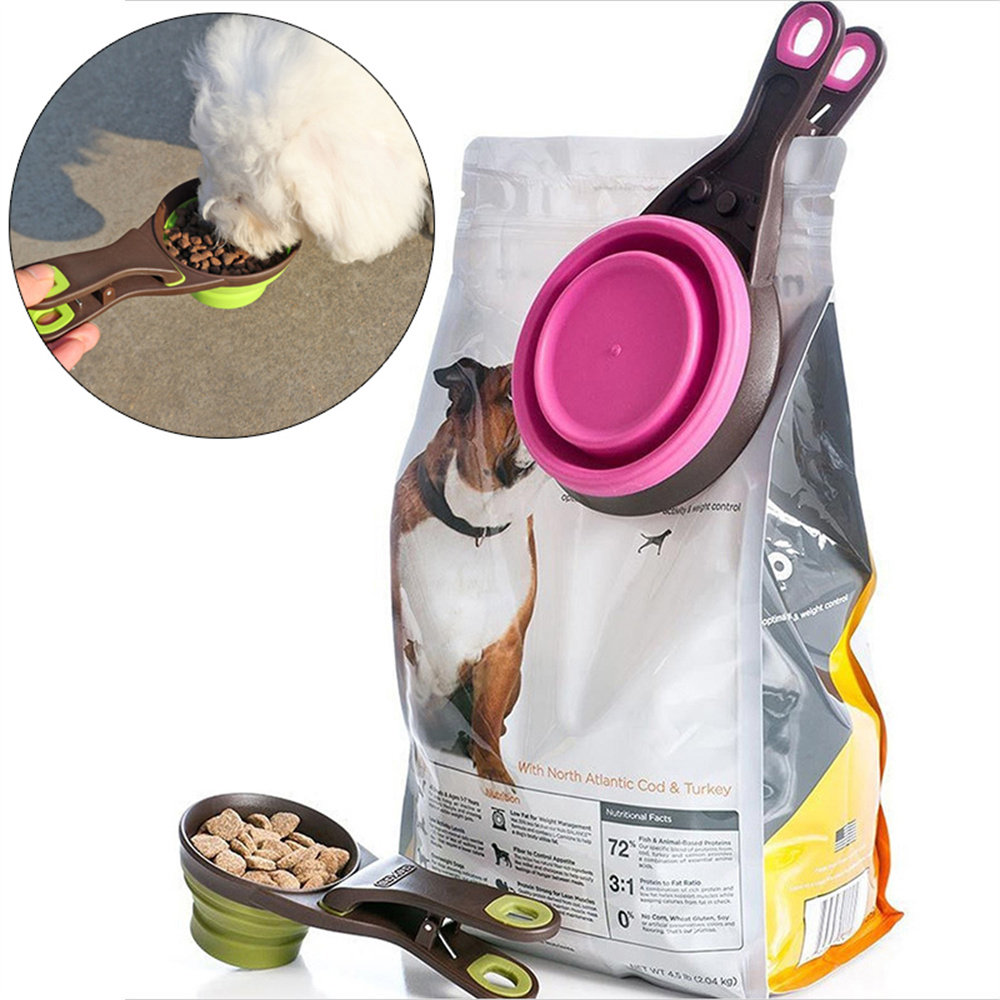 Food Storage Silicone Bags - ถ้วยตวงอาหารสัตว์เลี้ยงแบบพับได้ พกพาสะดวก ทำจากซิลิโคน พร้อมคลิปหนีบถุง 3 ขนาด