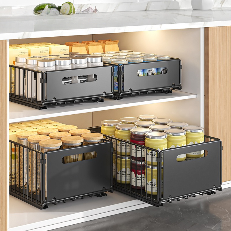 Food Storage Without Pantry - ตะกร้าเก็บของแบบเลื่อนออกสำหรับตู้ครัว ที่จัดระเบียบลิ้นชักสำหรับขวดเครื่องเทศ อาหารกระป๋อง ที่เก็บของในตู้เก็บของ